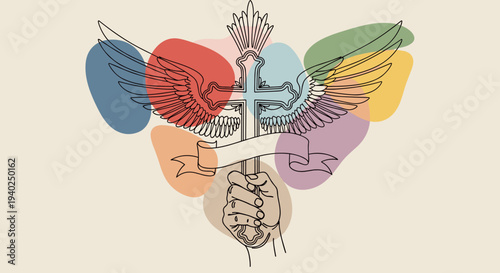A hand holding a cross with wings in minimalist vector style, suitable for religious or spiritual designs