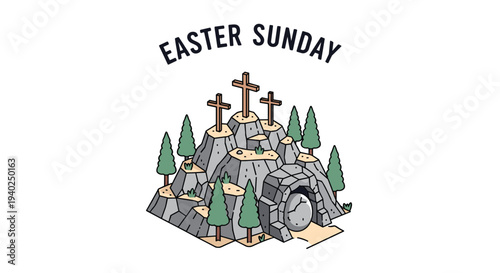 A depiction of Easter Sunday featuring crosses on rocky terrain with trees and a tomb in flat modern vector style, suitable for religious celebrations and seasonal graphics