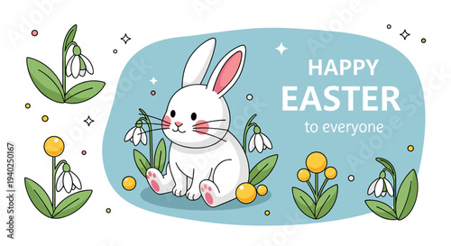 A cute cartoon bunny surrounded by snowdrop flowers with a cheerful 'Happy Easter' message in a light blue vector style, perfect for greeting cards and festive designs