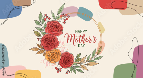 A floral wreath with roses and leaves featuring a Happy Mother's Day greeting in a modern vector style, perfect for greeting cards and festive designs