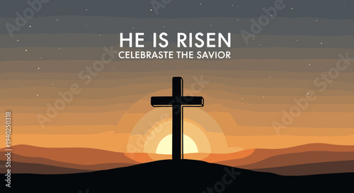 A silhouette of a cross against a colorful sunrise in minimalist vector style, perfect for Easter celebrations and religious themes