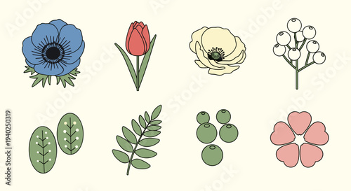 A collection of various flower and leaf illustrations in minimalist vector style, suitable for floral design projects