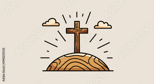 A wooden cross on a hill with rays of light and clouds in minimalist vector style, perfect for religious themes and spiritual designs