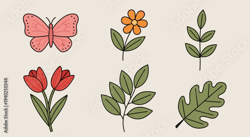 A collection of colorful flowers, a butterfly, and leaves in flat minimalist vector style, perfect for botanical designs
