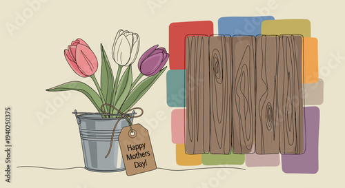 A bouquet of colorful tulips in a metal bucket with a 'Happy Mother's Day' tag in minimalist vector style, perfect for greeting cards and floral designs