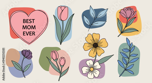 A collection of floral illustrations and a heart with the text 'Best Mom Ever' in colorful modern vector style, perfect for Mother's Day cards and gifts