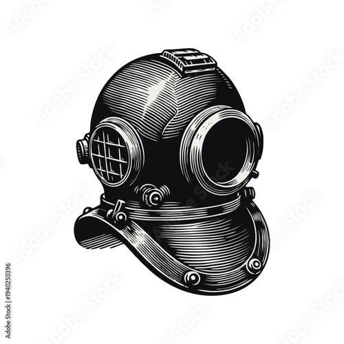 Vintage Deep Sea Diving Helmet Engraving Illustration