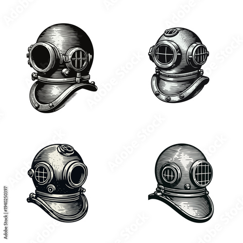 Black and White Vintage Diving Helmets Engraving Style Collection