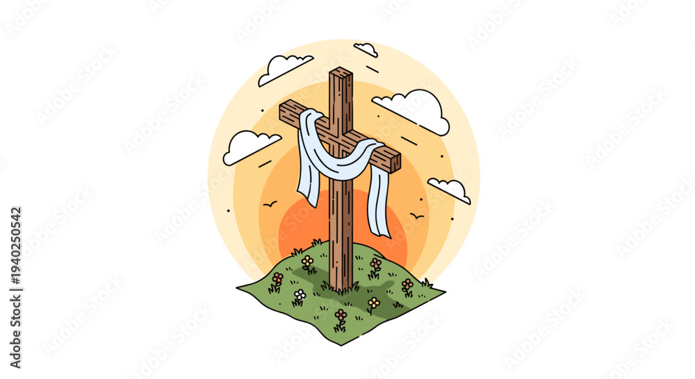 Fototapeta premium A wooden cross with draped cloth on a small hill surrounded by flowers in a vibrant sunset vector style, ideal for religious themes and spiritual projects