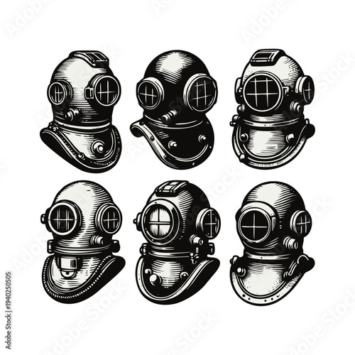 Vintage Deep Sea Diving Helmets Collection, Black and White Woodcut Style Illustrations of Antique Underwater Equipment