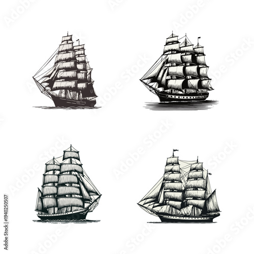 Vintage Sailing Ship Illustrations Set - Hand-Drawn Tall Ships and Clippers in Engraving Style