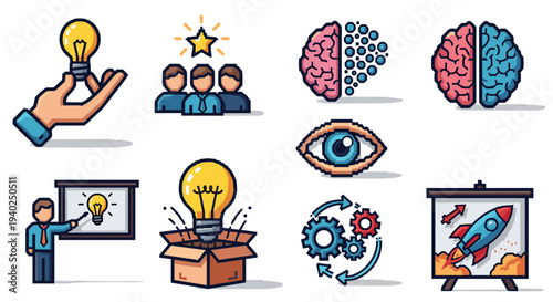 A collection of creativity and innovation icons including a light bulb, brain, teamwork, and presentation in flat modern vector style, ideal for educational and business projects