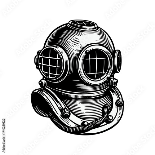 Vintage Deep Sea Diving Helmet Engraving Illustration