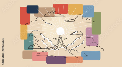 A person standing with arms outstretched surrounded by clouds and a bright sun in minimalist vector style, ideal for inspirational designs