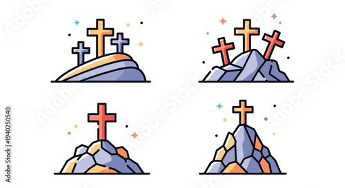 A set of four colorful cross illustrations on rocky terrain in modern flat vector style, suitable for religious themes and designs