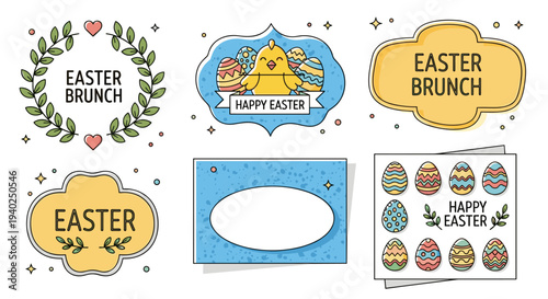 A collection of Easter-themed illustrations featuring eggs, chicks, and festive greetings in colorful vector style, perfect for holiday cards and decorations