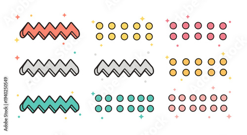 A collection of colorful zigzag and dot patterns in minimalist vector style, suitable for creative projects and modern designs