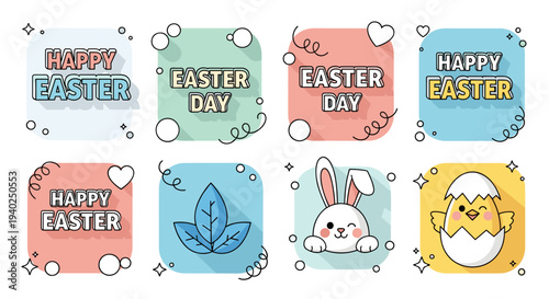 A collection of Easter-themed icons featuring bunnies, eggs, and leaves in colorful vector style, perfect for festive greeting cards and decorations
