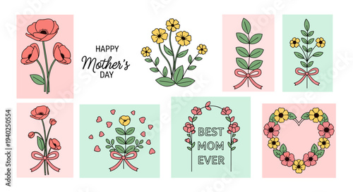 A collection of colorful Mother's Day themed floral illustrations in modern vector style, perfect for greeting cards and gifts