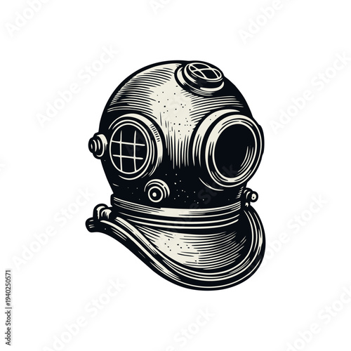 Vintage Deep Sea Diving Helmet Engraving Style Illustration