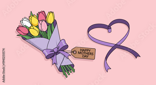 A colorful bouquet of tulips with a purple ribbon and a 'Happy Mother's Day' tag in flat vector style, perfect for greeting cards and floral designs
