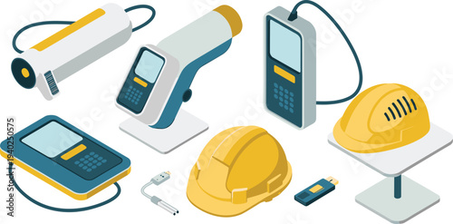 Industrial inspection equipment set, safety helmet scanner devices engineering technology tools workplace safety illustration collection