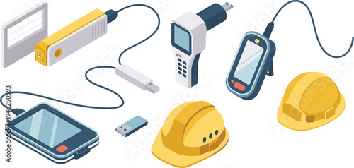 Industrial inspection equipment set, safety helmet scanner devices USB tools technology engineering illustration collection