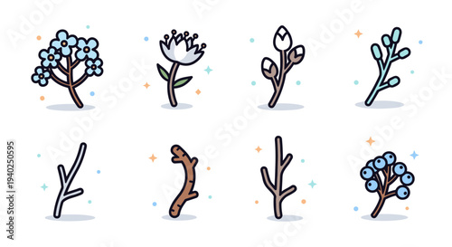 A collection of floral and branch illustrations in colorful minimalist vector style, suitable for nature-themed designs