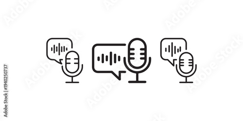 Podcast and voice recording line icons collection featuring microphone with audio wave speech bubble for radio broadcasting and digital sound content design