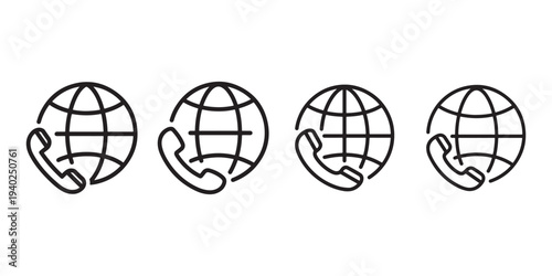 International telephone call line icons showing earth globe with handset receiver for global support services roaming and worldwide telecommunication systems
