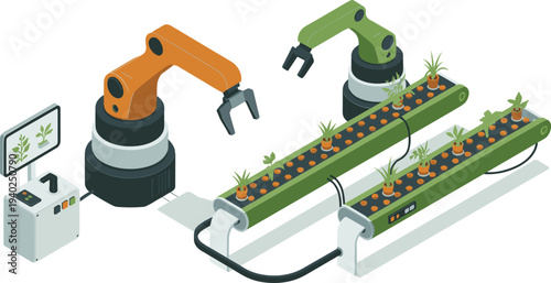 Isometric automated agriculture system illustration, robotic arms tending plants, smart farming conveyor, agricultural automation technology, hydroponic production