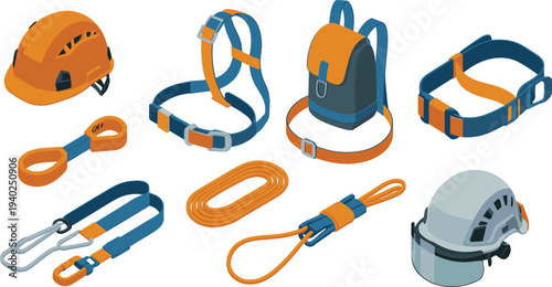 Industrial safety equipment set, hard hat harness rope carabiner backpack worker protection gear construction safety illustration collection