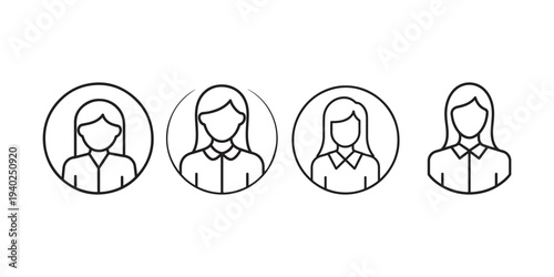 Female office worker avatar vector icon set featuring young woman in professional business attire with circular frame and isolated outline illustrations