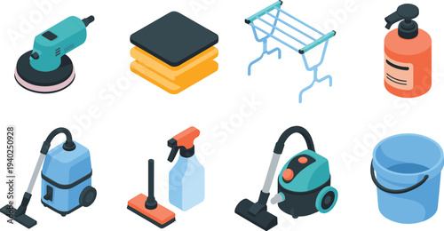 Isometric cleaning equipment set, vacuum cleaner bucket spray bottle sponge polishing machine household maintenance tools illustration collection