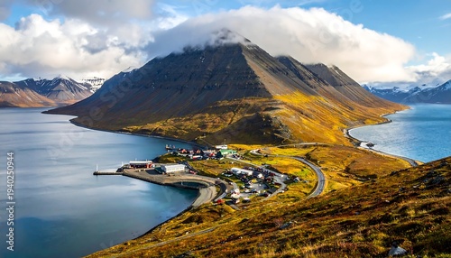 Picturesque Icelandic Village Nestled by Mountains and Fjord.