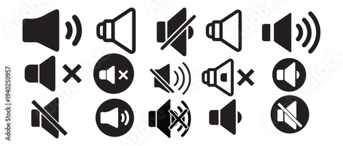 Set of vector sound and volume control icons featuring speakers, megaphones, mute symbols and sound waves - Black silhouettes for UI and mobile design.