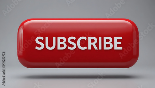 A 3D glossy red subscribe button floating over a grey background for digital marketing videos.