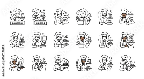 Collection of chef icons in various cooking activities and poses.