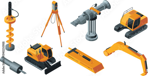 Isometric construction machinery and engineering equipment set, excavator, drilling machine, survey tripod, auger drill, heavy industry vehicles
