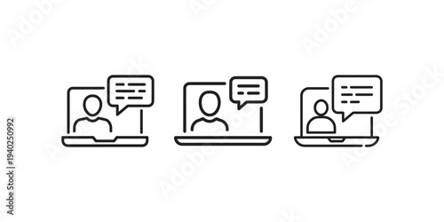 Online video call line icons set showing person on laptop screen with speech bubbles for remote communication distance education and virtual business meeting