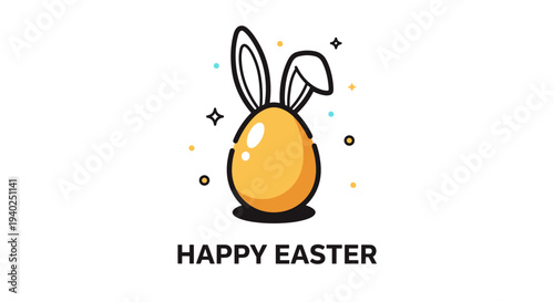 A cute yellow Easter egg with bunny ears in colorful outline vector style, perfect for holiday celebrations and decorations