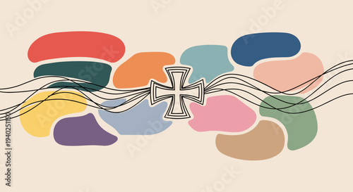 An abstract composition featuring colorful fluid shapes and lines with a central cross symbol in modern vector style, suitable for creative projects and artistic themes