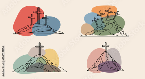 A collection of four minimalist vector illustrations of crosses on hills with abstract colorful backgrounds, ideal for religious themes and designs