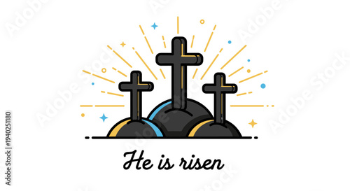 A colorful illustration of three crosses with sunburst effects in a modern minimalist vector style, perfect for Easter celebrations
