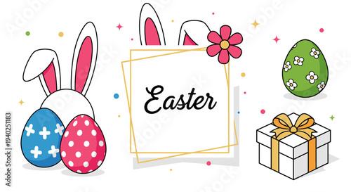 A playful Easter illustration featuring colorful eggs, bunny ears, a flower, and a gift box in a modern vector style, perfect for holiday decorations and promotional materials