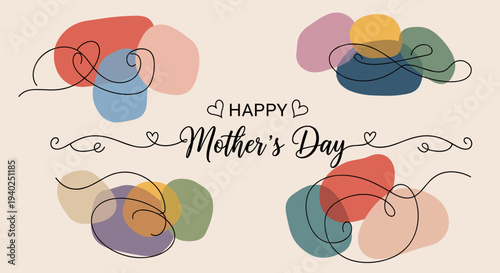A colorful Mother's Day greeting card design featuring abstract shapes and elegant calligraphy in a modern vector style, perfect for celebrating love and appreciation