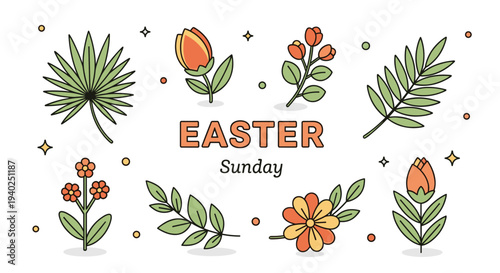 A collection of Easter-themed flowers and greenery in colorful vector style, perfect for spring celebrations and holiday designs