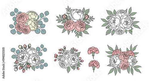 A collection of floral arrangements featuring roses, peonies, and carnations in pastel colors with leaves in a modern vector style, perfect for wedding invitations and decorative design