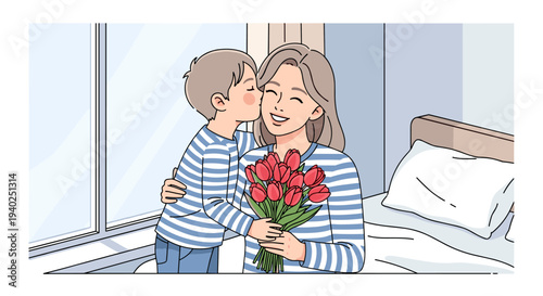 A mother receiving a bouquet of tulips from her son, illustrated in a modern flat vector style, capturing a joyful family moment