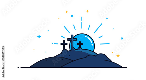 A serene landscape featuring three crosses on a hill with a glowing sun and sparkling stars in modern flat vector style, suitable for religious themes and memorial designs